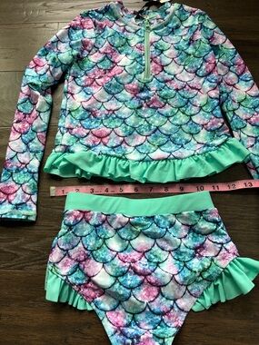 Danna Belle UPF 50+ 2 piece bikini,long sleeve rash guard,mermaid pattern,ruffle
